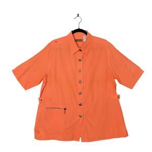 ALAIN WEIZ Orange Silk Blend Short Sleeve Epaulet Collared Button Up Top SIZE 16